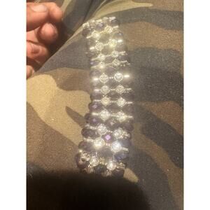 Triple Strand Purple peacock Glass Bead & Rhinestone stretch bracelet vintage